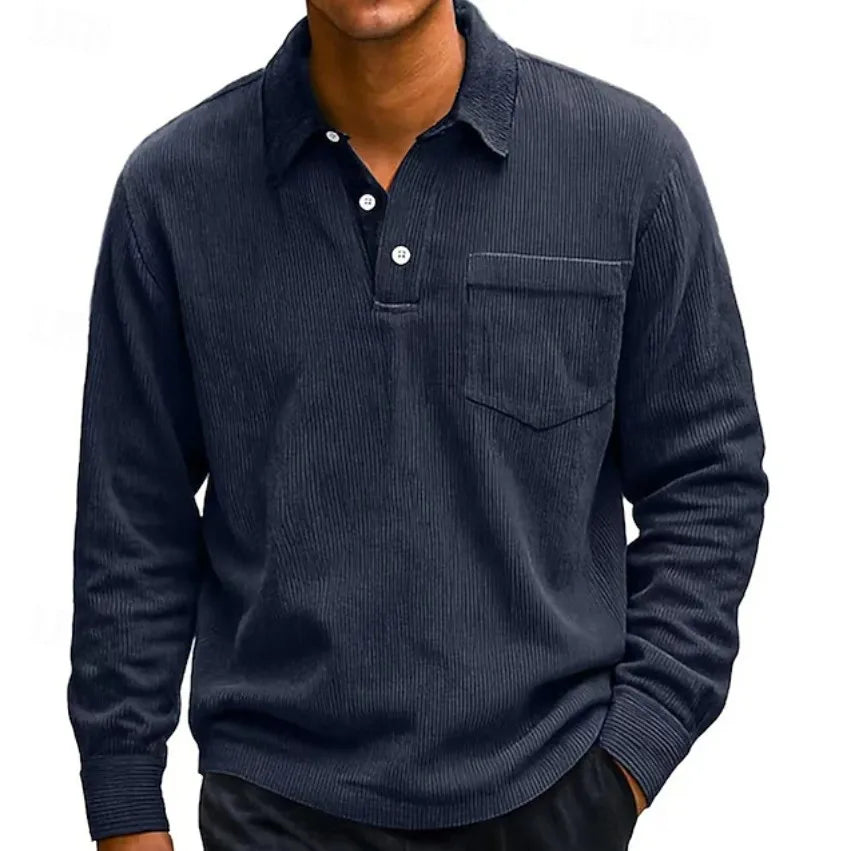 Hewitt | Men's Corduroy Long Sleeve Polo  - Size:XS;Color:Navy Blue
