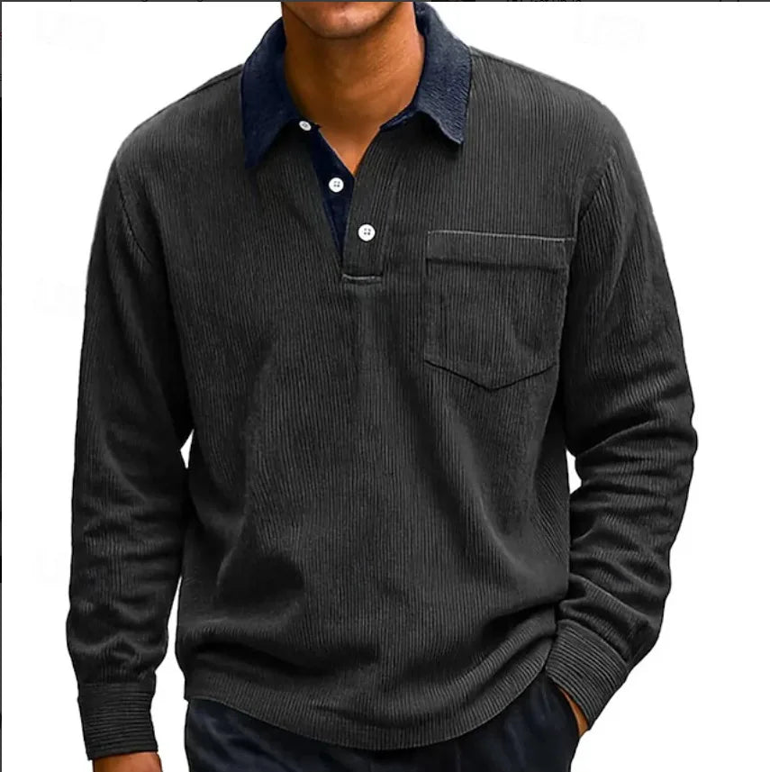 Hewitt | Men's Corduroy Long Sleeve Polo  - Size:XS;Color:Onyx Black
