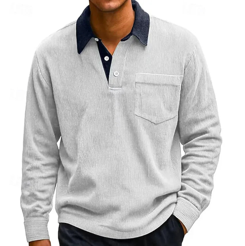 Hewitt | Men's Corduroy Long Sleeve Polo  - Size:XS;Color:Pure White