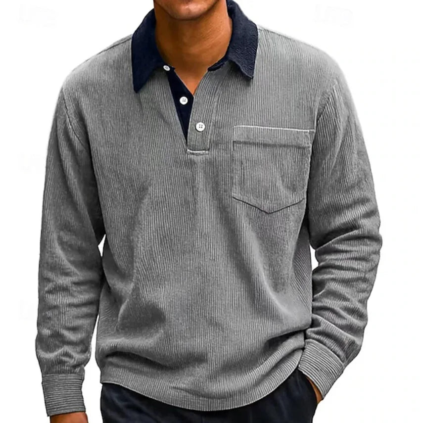 Hewitt | Men's Corduroy Long Sleeve Polo  - Size:XS;Color:Slate Gray