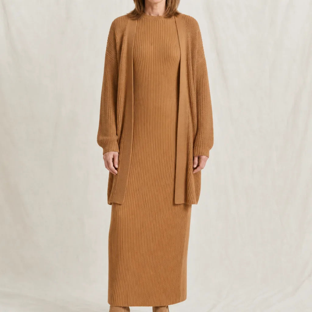 Isla Knit Dress Cardigan Set - Color:Brown;Size:XXS