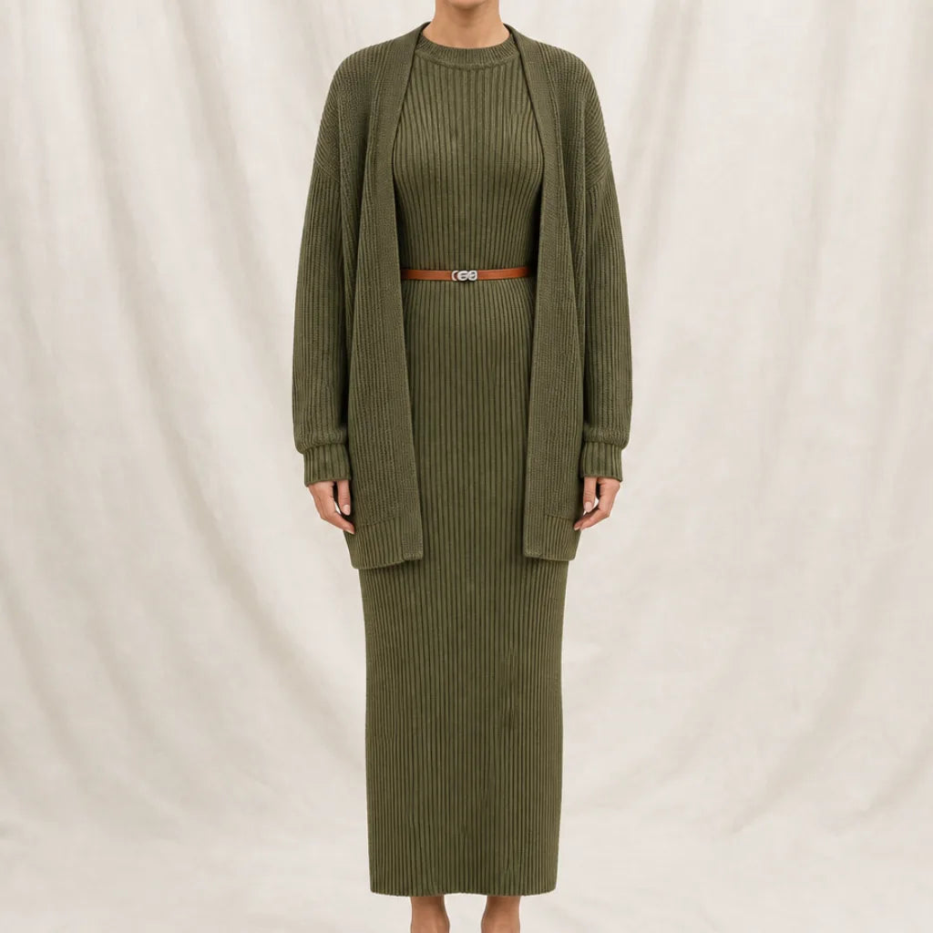 Isla Knit Dress Cardigan Set - Color:Green;Size:XXS