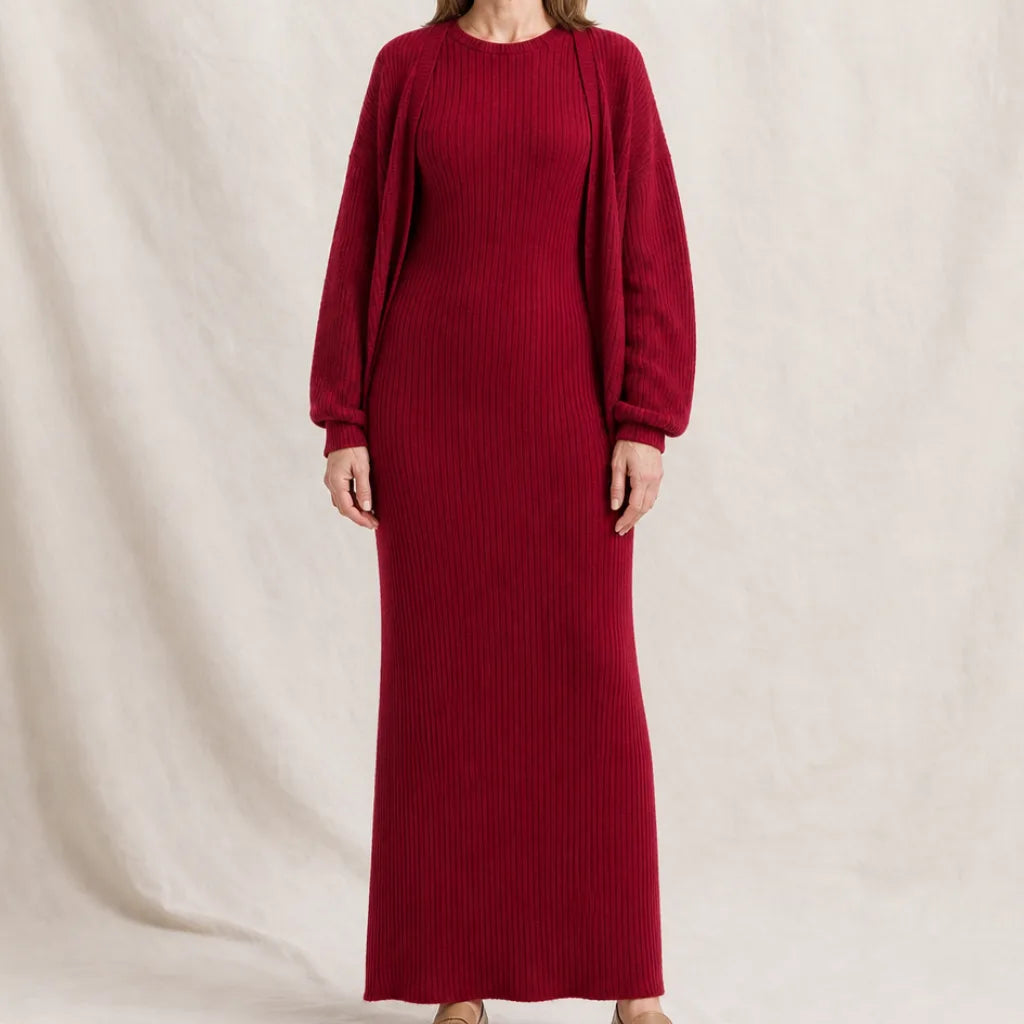 Isla Knit Dress Cardigan Set - Color:Red;Size:XXS