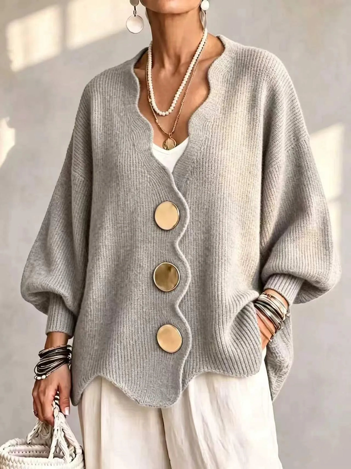 Isobelle | Women's Buttoned Knitted Cardigan - Color:Light Gray;Size:XS