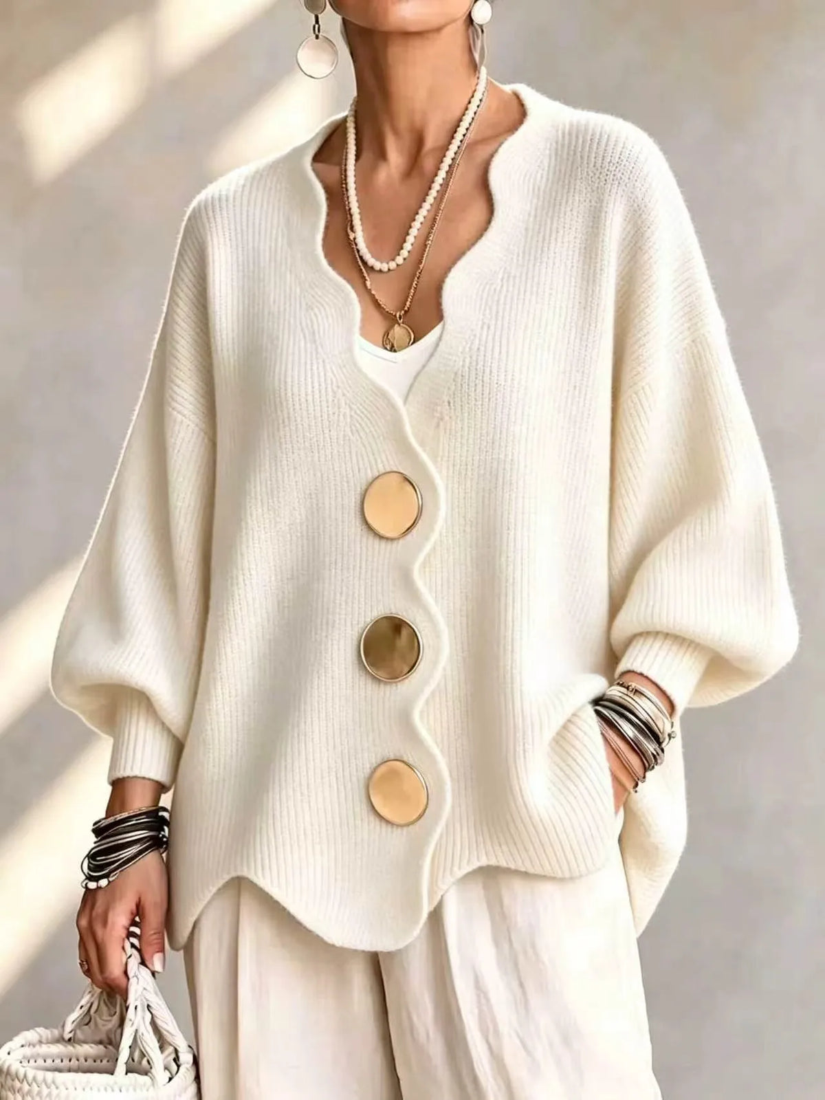 Isobelle | Women's Buttoned Knitted Cardigan - Color:Off-White;Size:XS