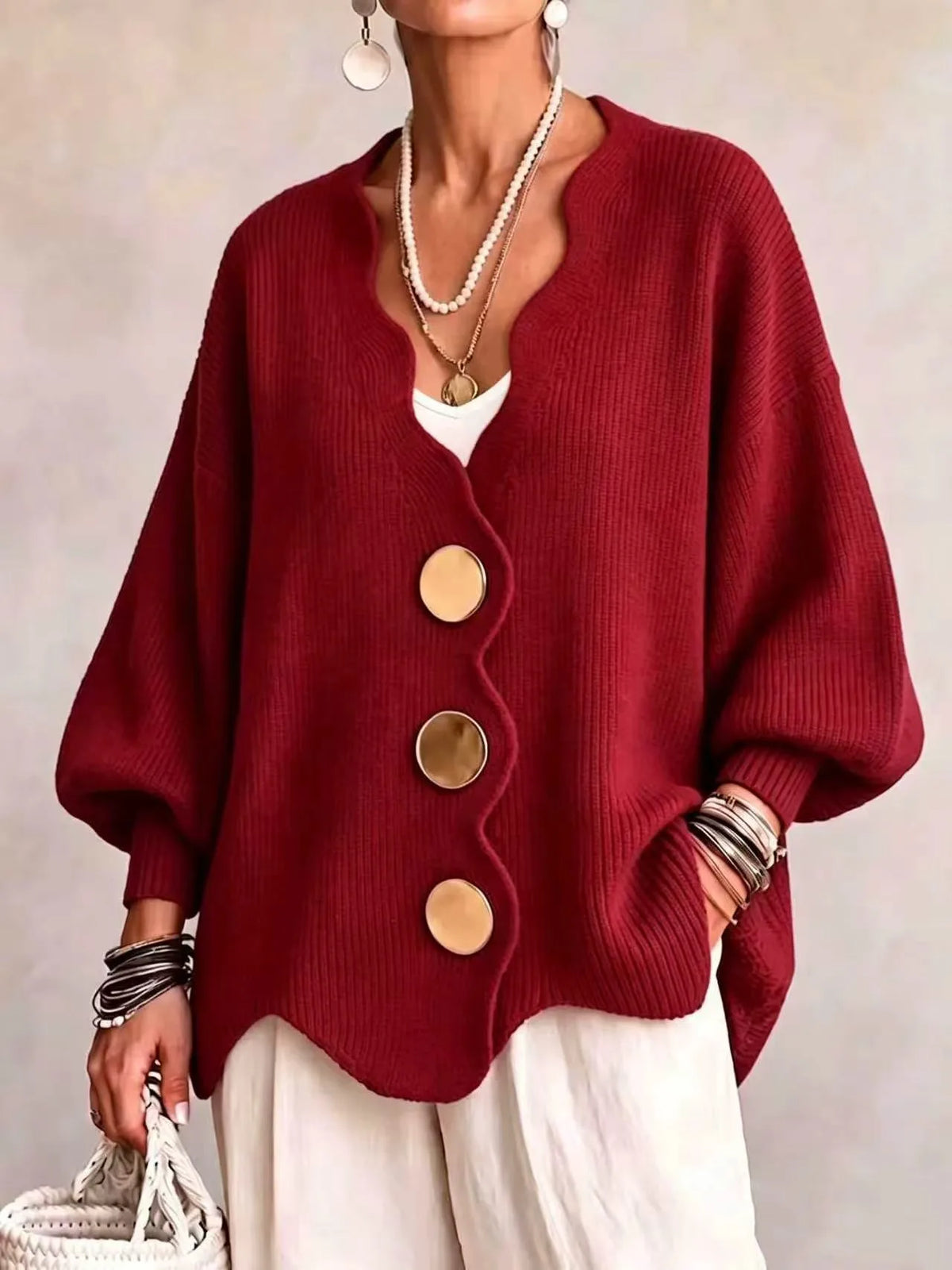 Isobelle | Women's Buttoned Knitted Cardigan - Color:Red;Size:XS