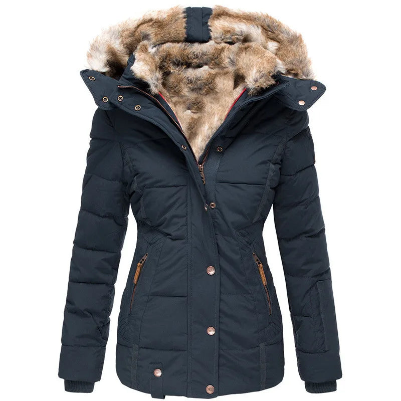 Izabella | Women's Cosy Hooded Puffer Trench Coat - Color:Navy Blue;Size:XS