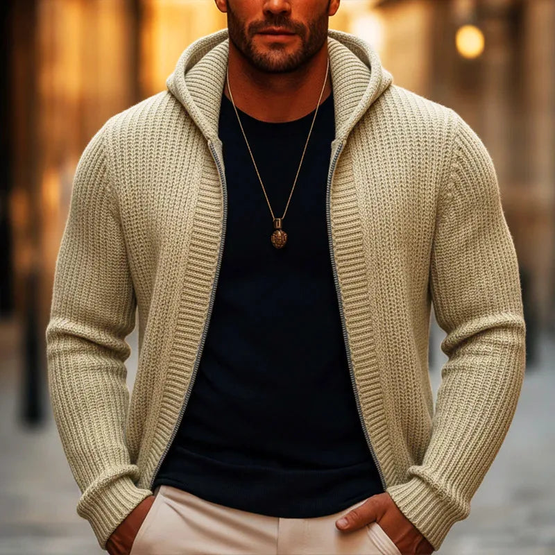 Jai | Men's Heavyweight Hooded Knitted Jumper - Color:Khaki;Size:XS
