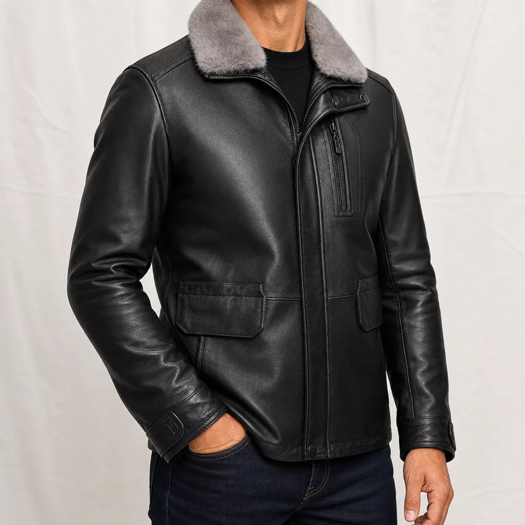 Men's Black Jameson Leather Down Jacket