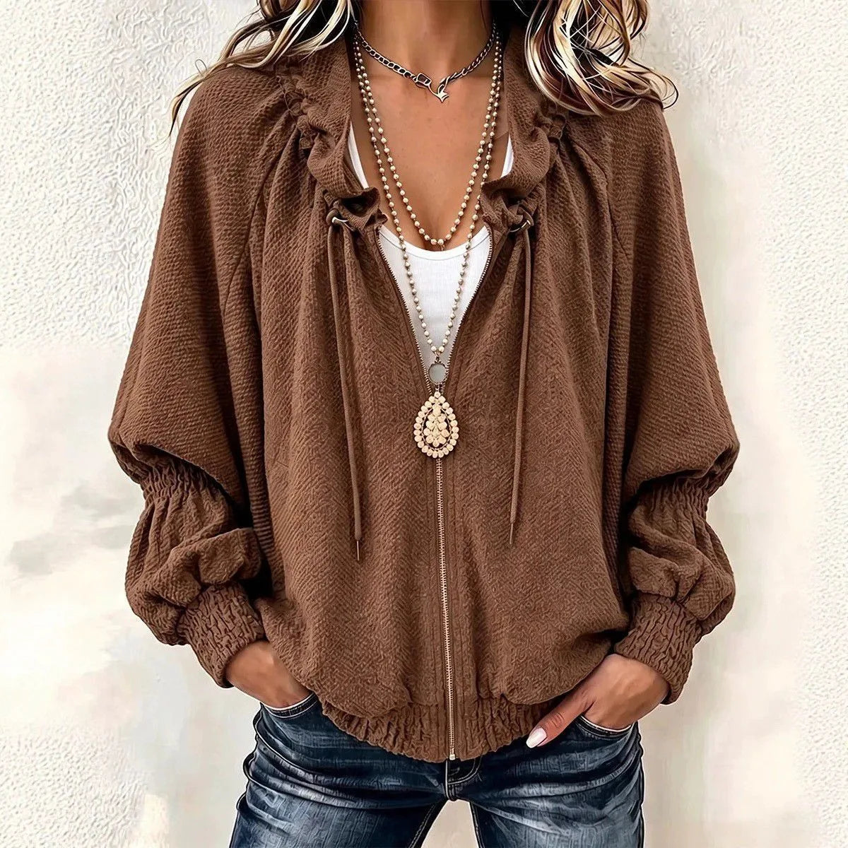 Jamie | Women's Pleated Jacket - Color:Dark Brown;Size:XS