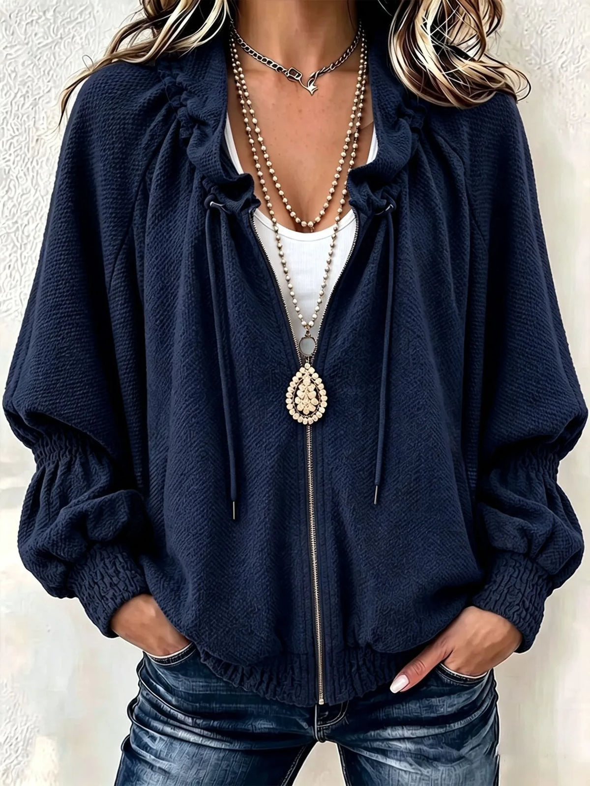 Jamie | Women's Pleated Jacket - Color:Navy Blue;Size:XS