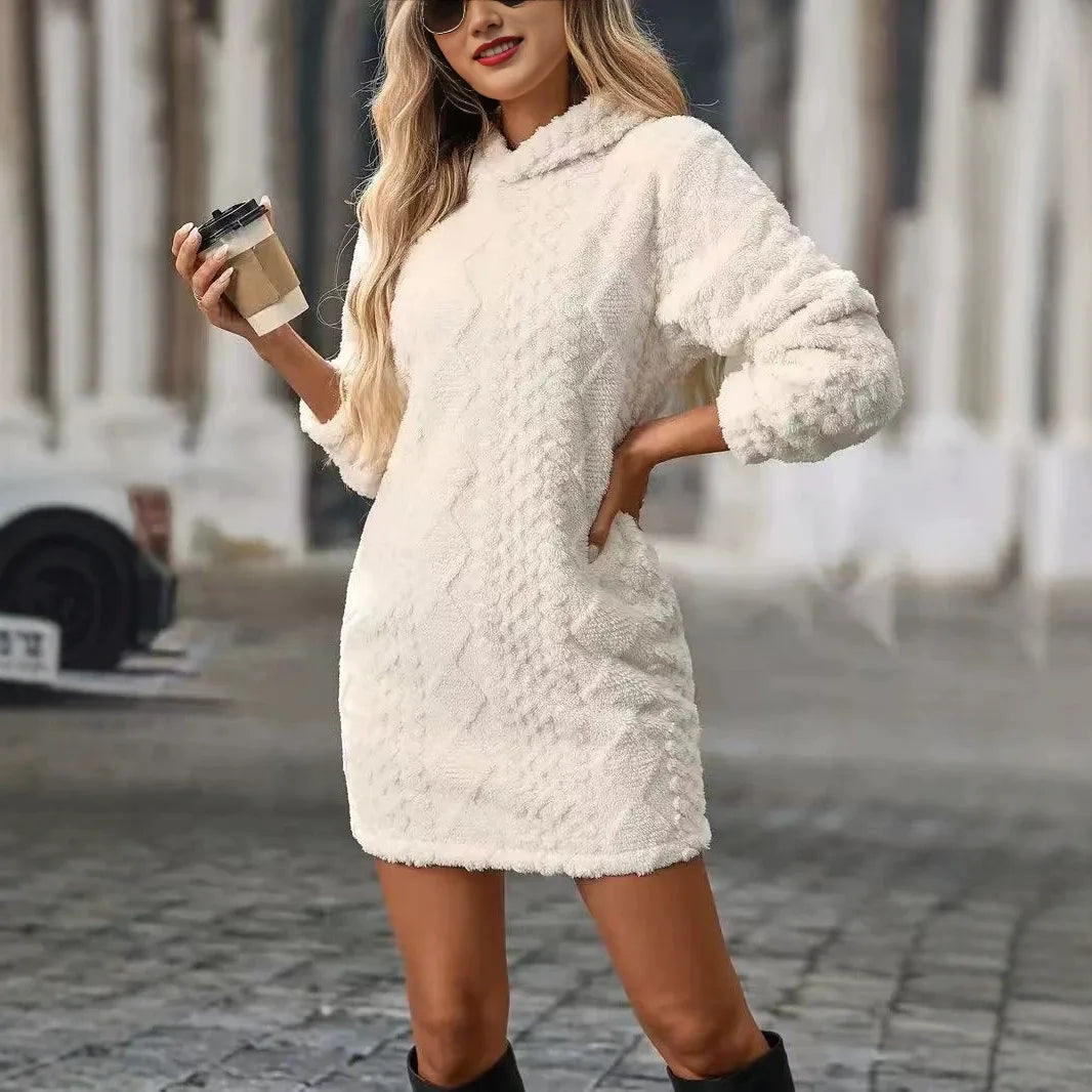 Jaya | Women's Hooded Teddy Jumper Dress - Color:Cream White;Size:S