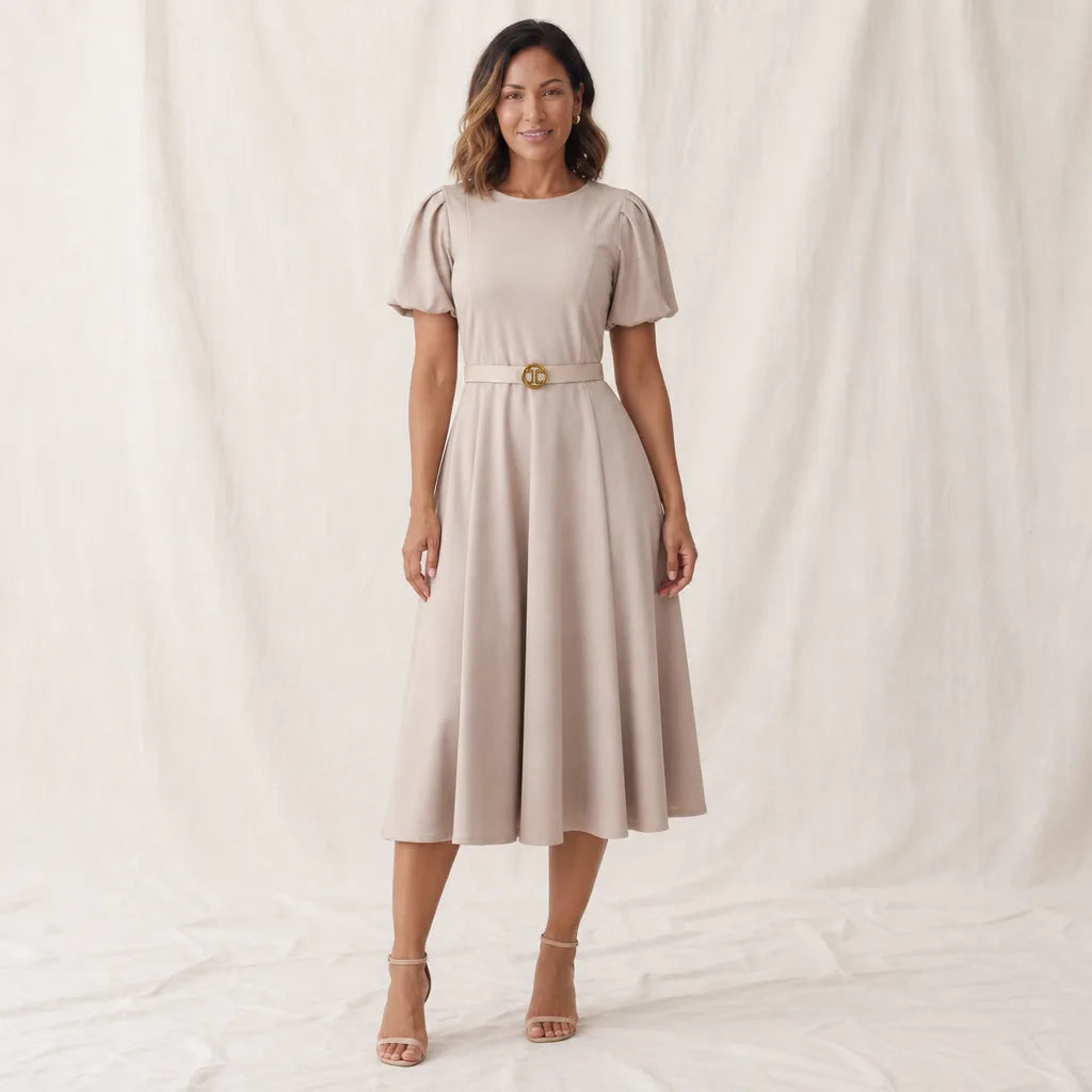 Jennifer Puff Sleeve Dress - Color:Beige;Size:XS