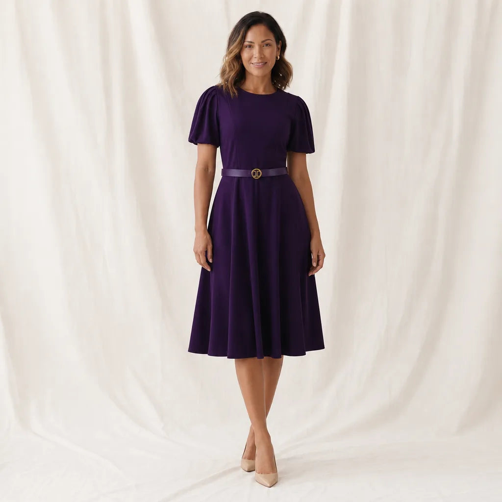 Jennifer Puff Sleeve Dress - Color:Purple;Size:XS