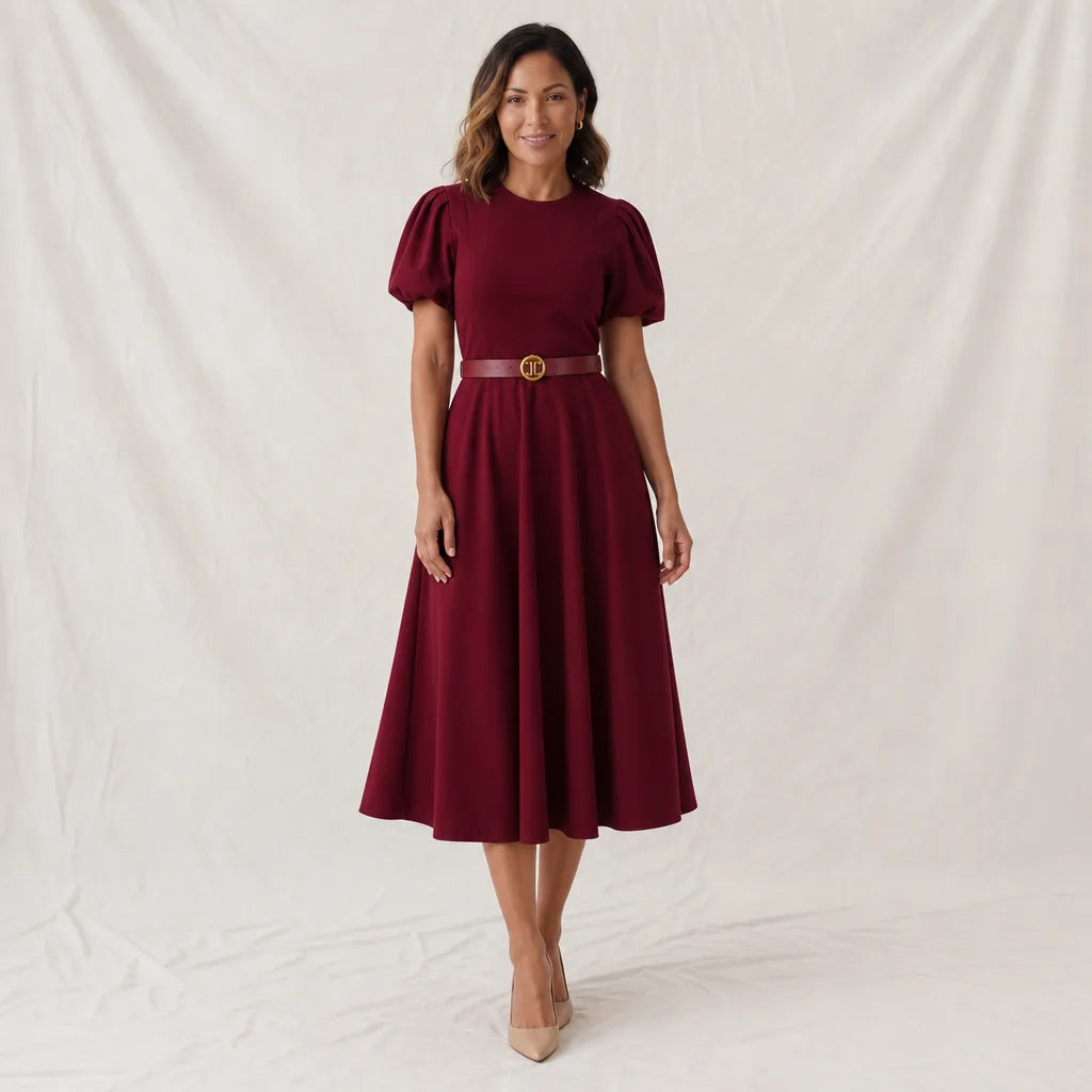 Jennifer Puff Sleeve Dress - Color:Red;Size:XS