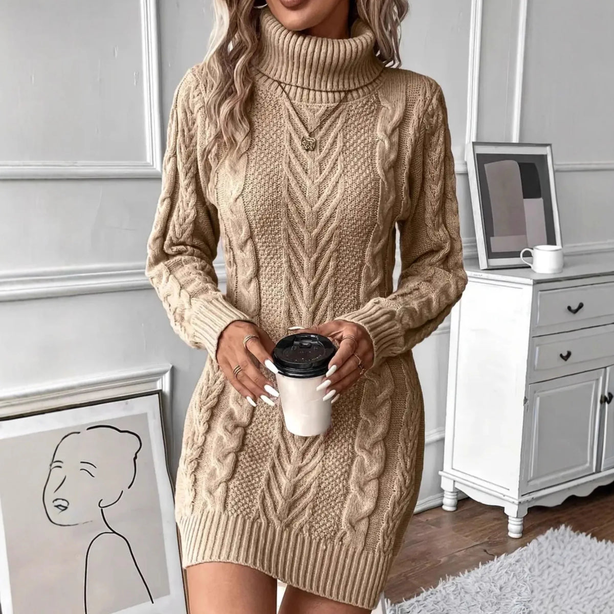 Jordanne | Cosy Cable-Knitted Jumper Dress - Color:Khaki;Size:XL