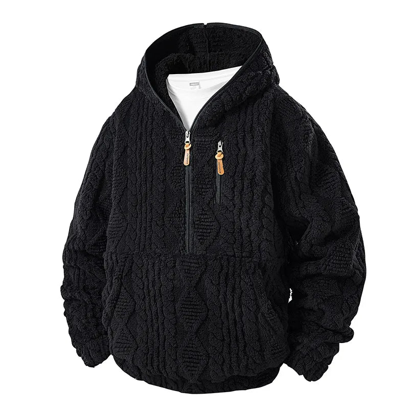 Josef | Men's Cable Knitted Fleece Hoodie - Color:Black;Size:XS