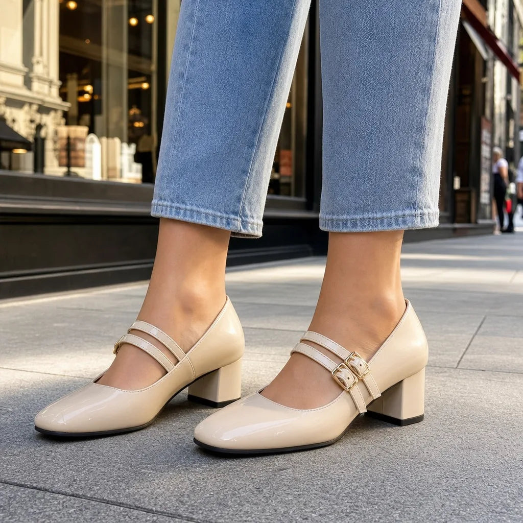 Women's Beige Cohen Buckle Block Heel Pumps