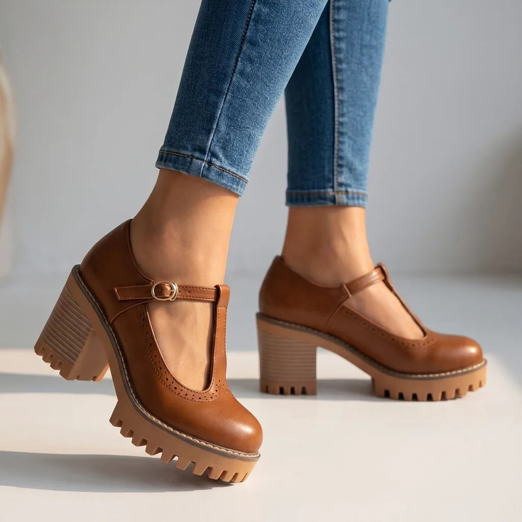 Joyce | Women's Mary Jane Heels   - Color:Brown;Size:35