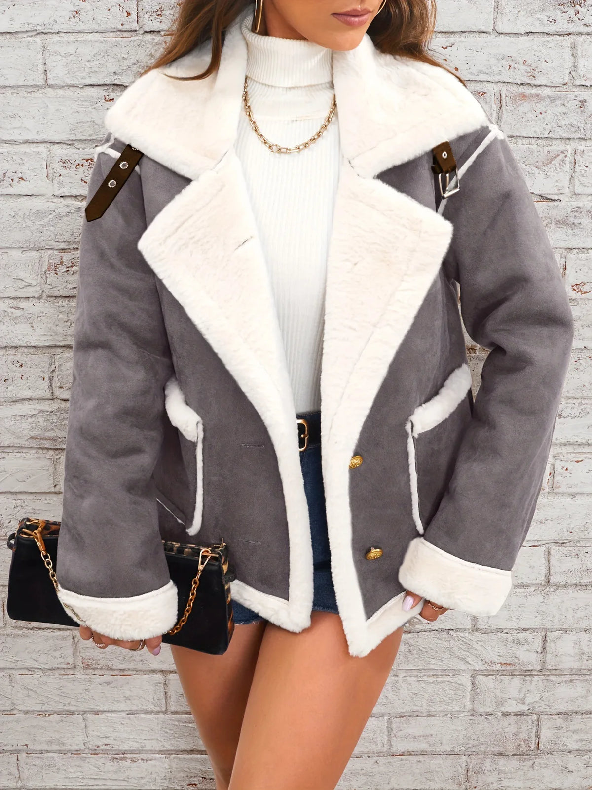 Judy | Women's Shearling Suede Winter Jacket - Grey