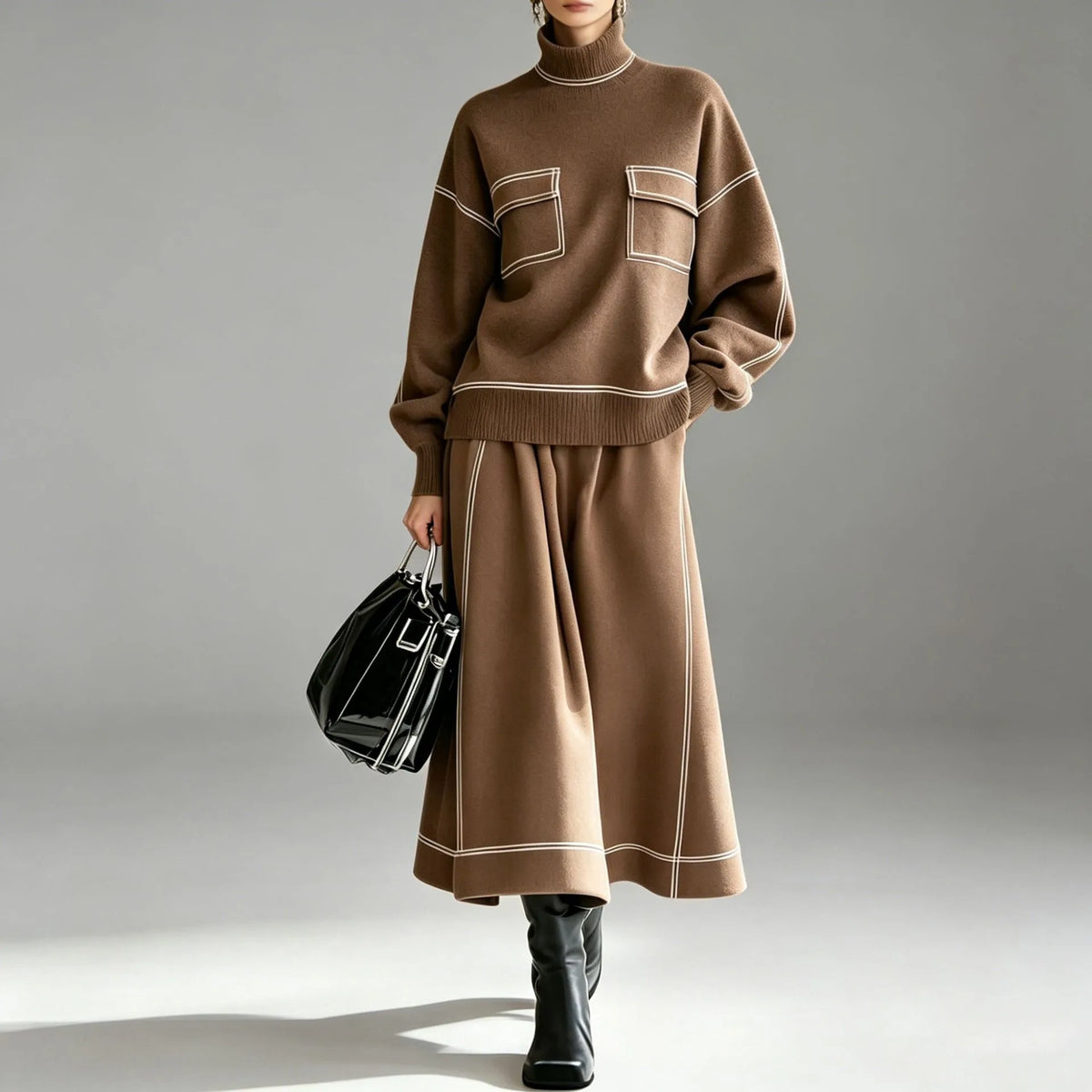 Julliane | Women's Knitted 2 Piece Set - Color:Brown;Size:XS