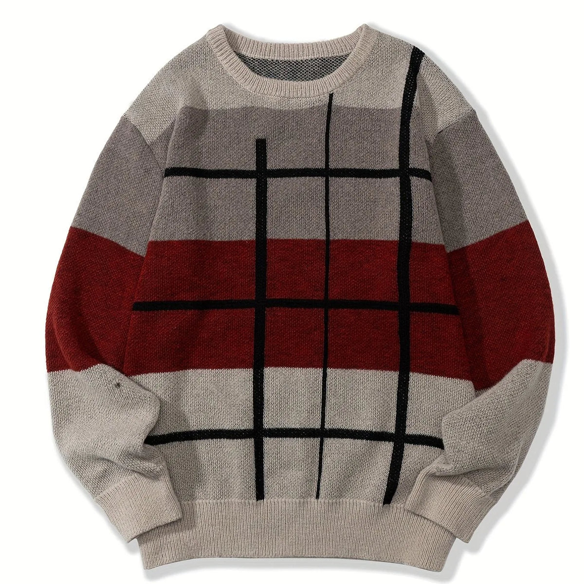 Kaine | Men's Color Block Knitted Jumper - Size:XS;Color:Beige & Burgundy & Black