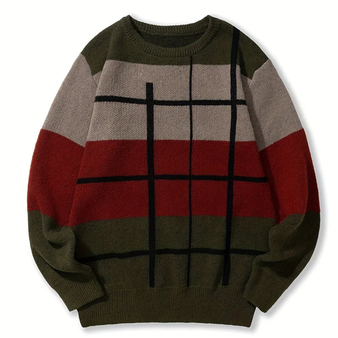 Kaine | Men's Color Block Knitted Jumper - Size:XS;Color:Dark Green