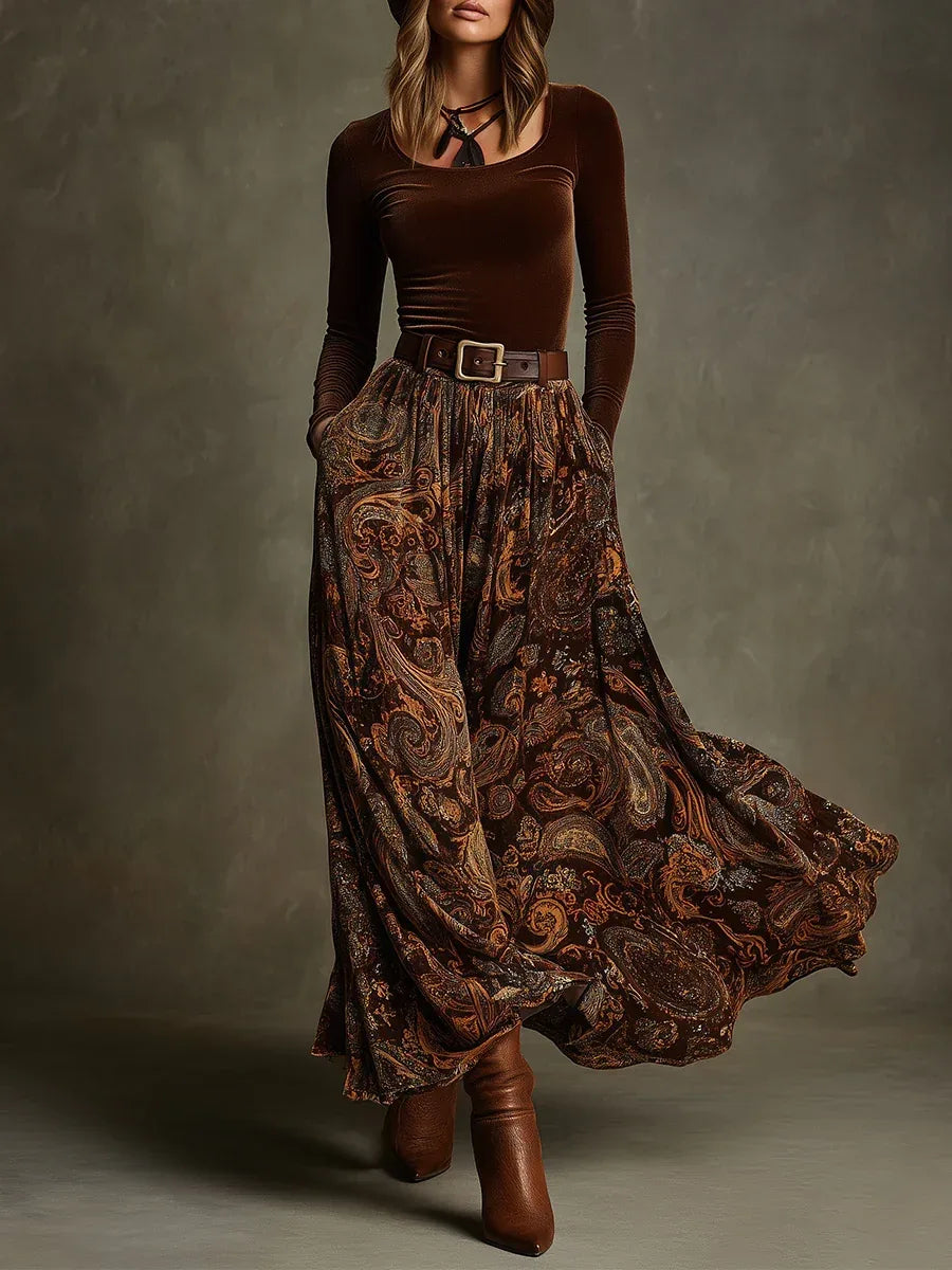 Women's Velvet Top and Paisley Maxi Skirt Set.webp