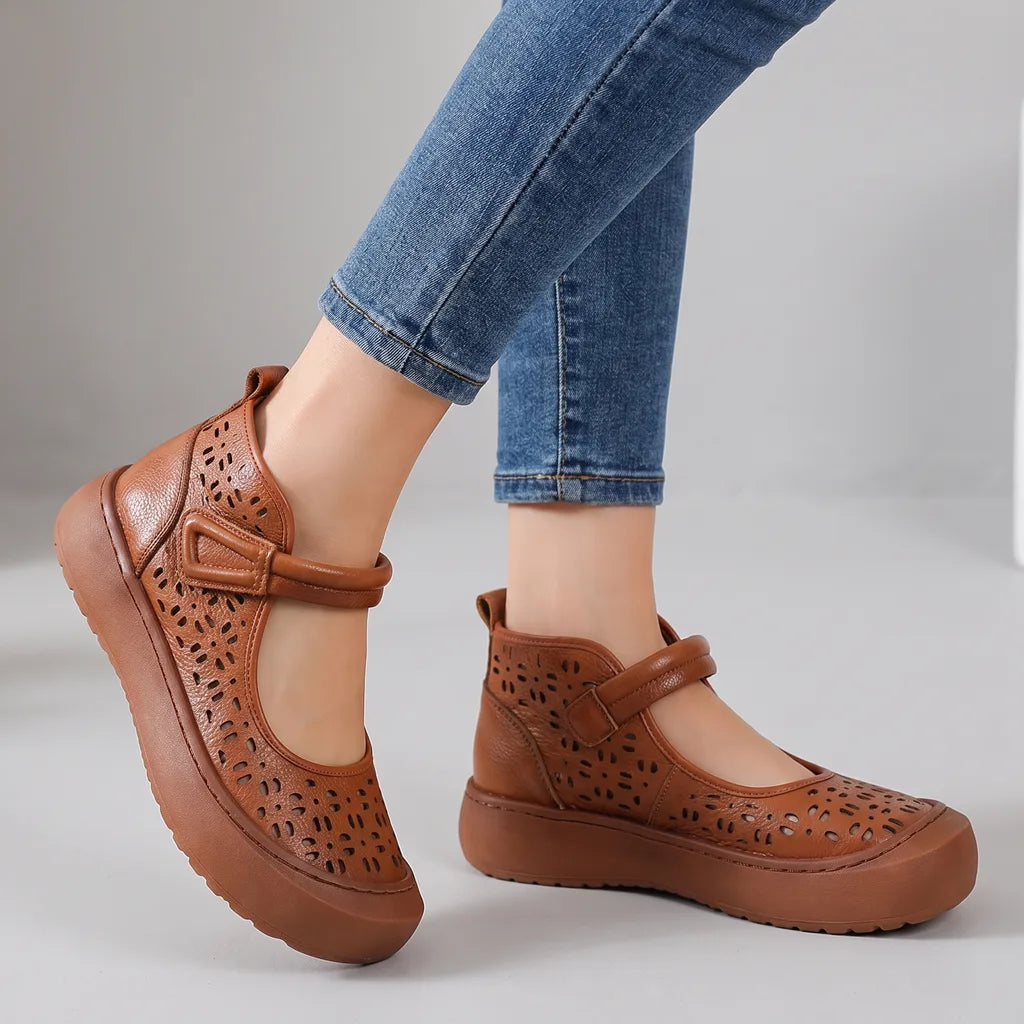 Katerina | Women's Orthopaedic Leather Mary Jane Flats  - Color:Brown;Size:35