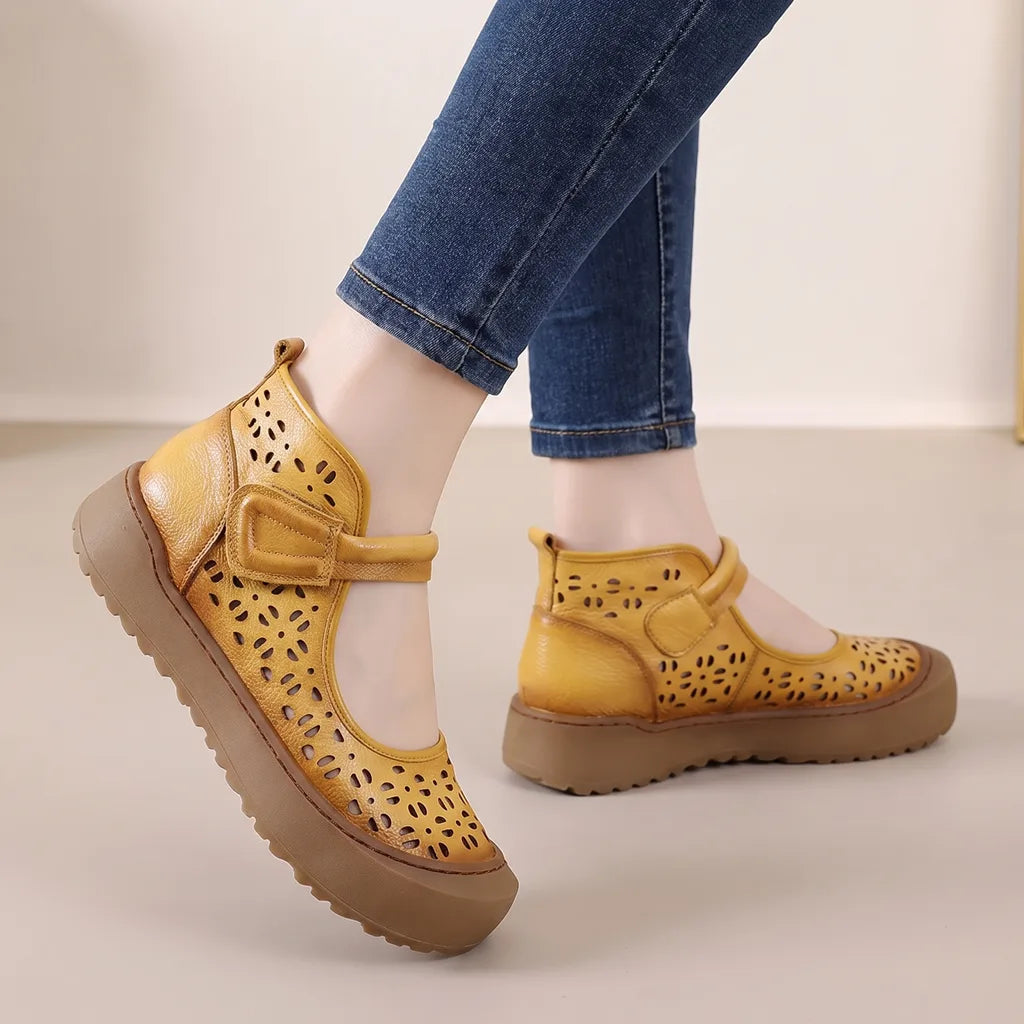 Katerina | Women's Orthopaedic Leather Mary Jane Flats  - Color:Yellow;Size:35