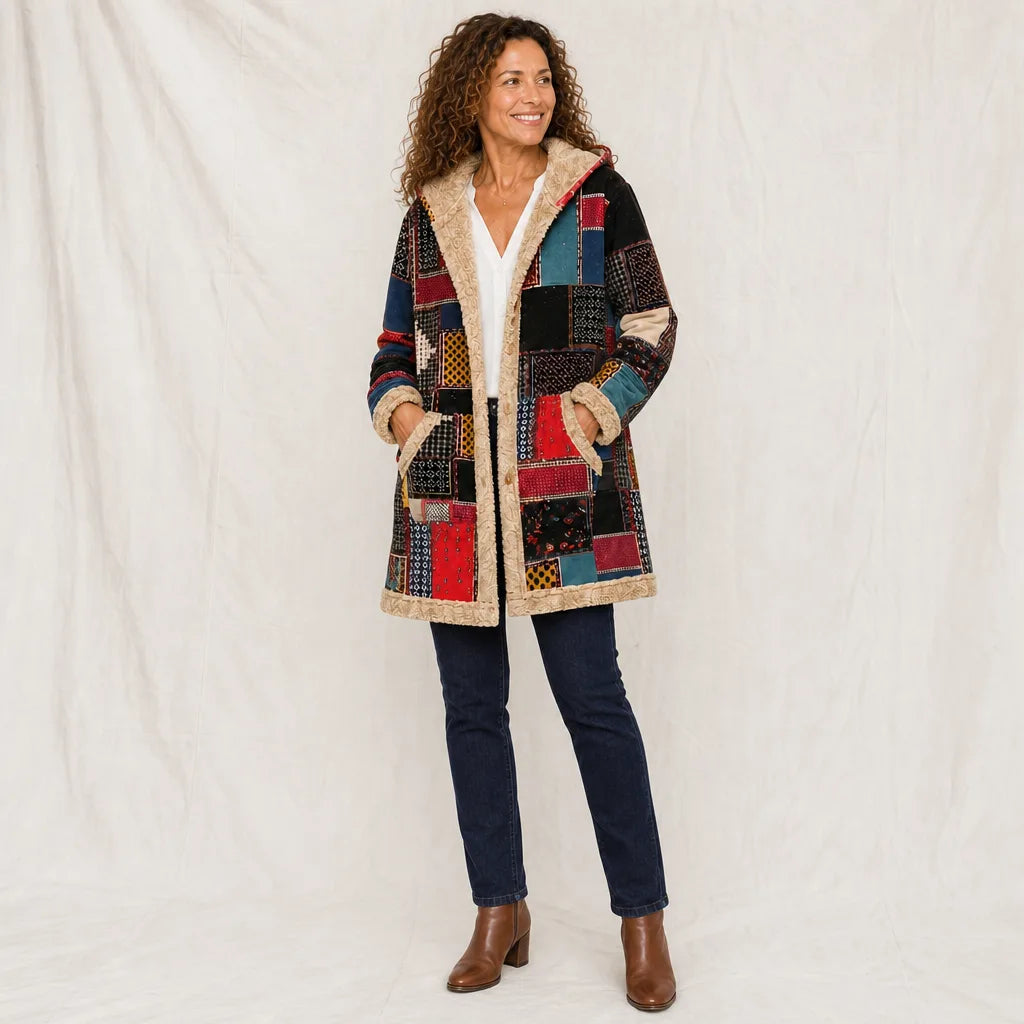 Women's Black and Red Print Keeley | Women's Hooded Patchwork Coat -No match