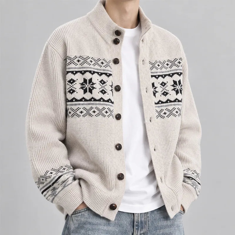 Kevin | Men's Fair Isle Knitted Cardigan - Color:Oat;Size:S