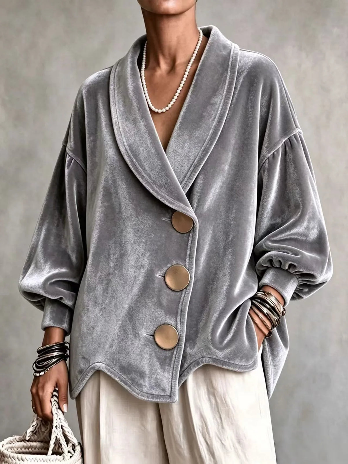 Kiran | Women's Shawl-Collar Velvet Christmas Cardigan - Size:XS;Color:Gray