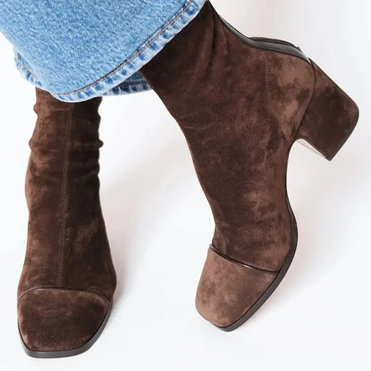 Kirsten | Women's Square Toe Heeled Boots - Color:Dark Brown;Size:35