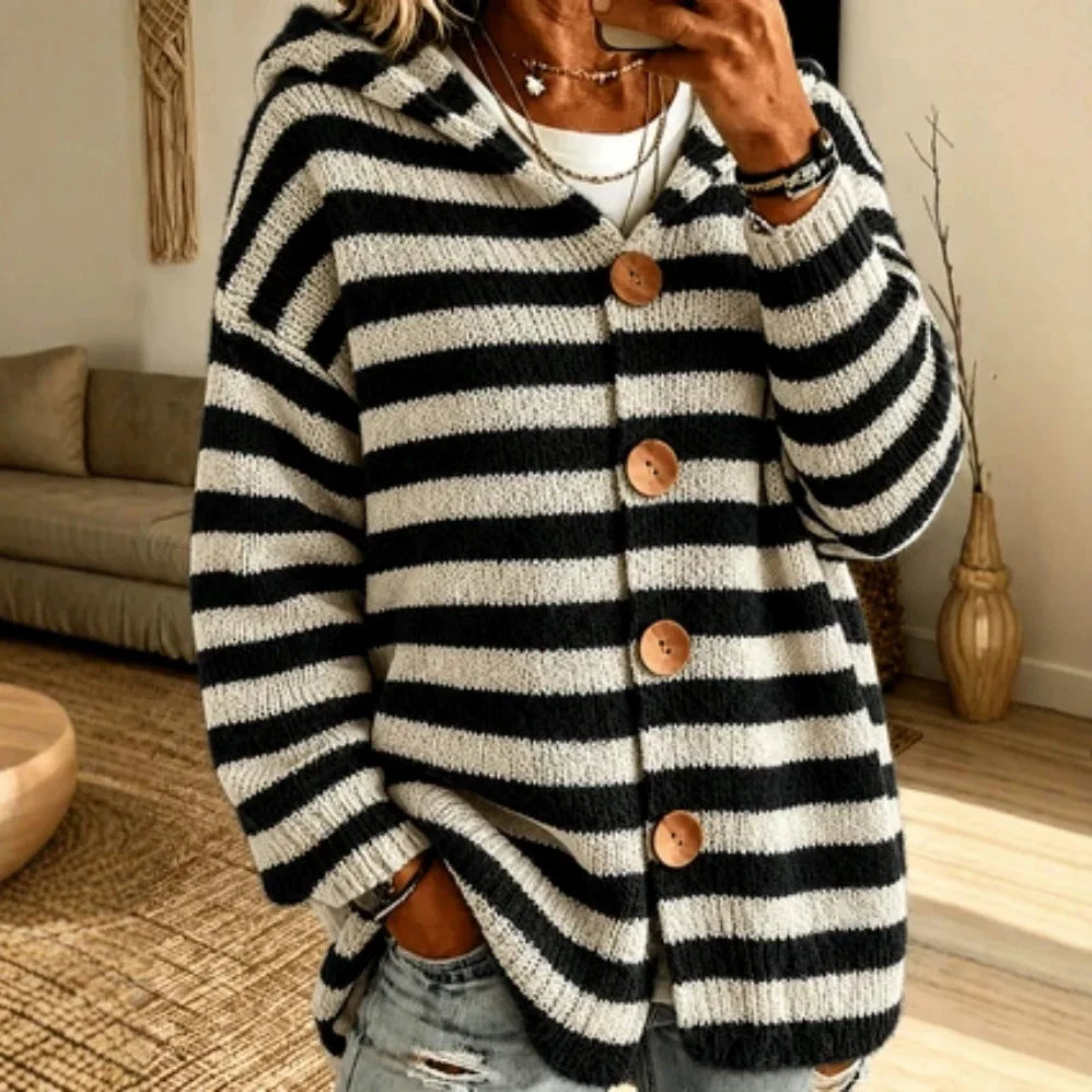 Lacie | Women's Striped Hooded Knitted Cardigan Jacket  - Color:Black;Size:XS