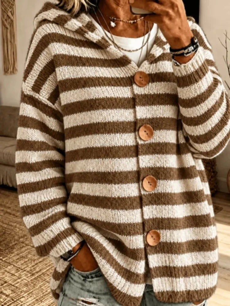 Lacie | Women's Striped Hooded Knitted Cardigan Jacket  - Color:Khaki;Size:XS