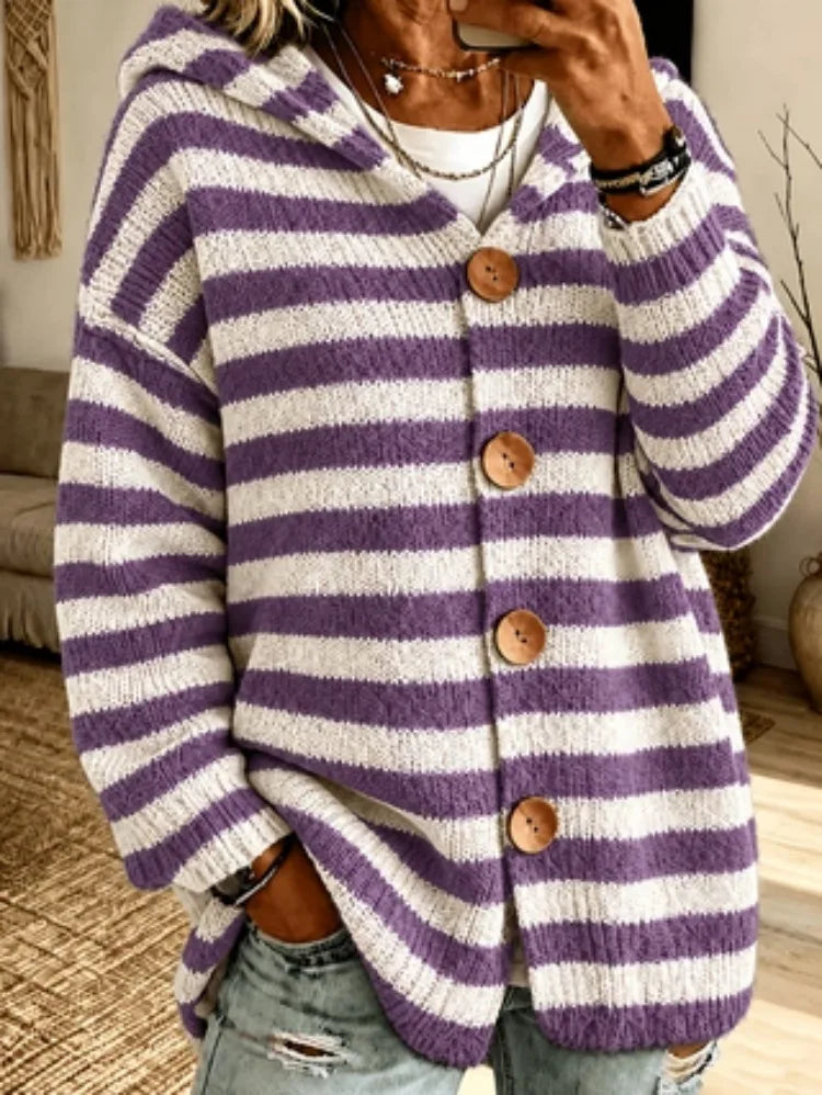 Lacie | Women's Striped Hooded Knitted Cardigan Jacket  - Color:Purple;Size:XS
