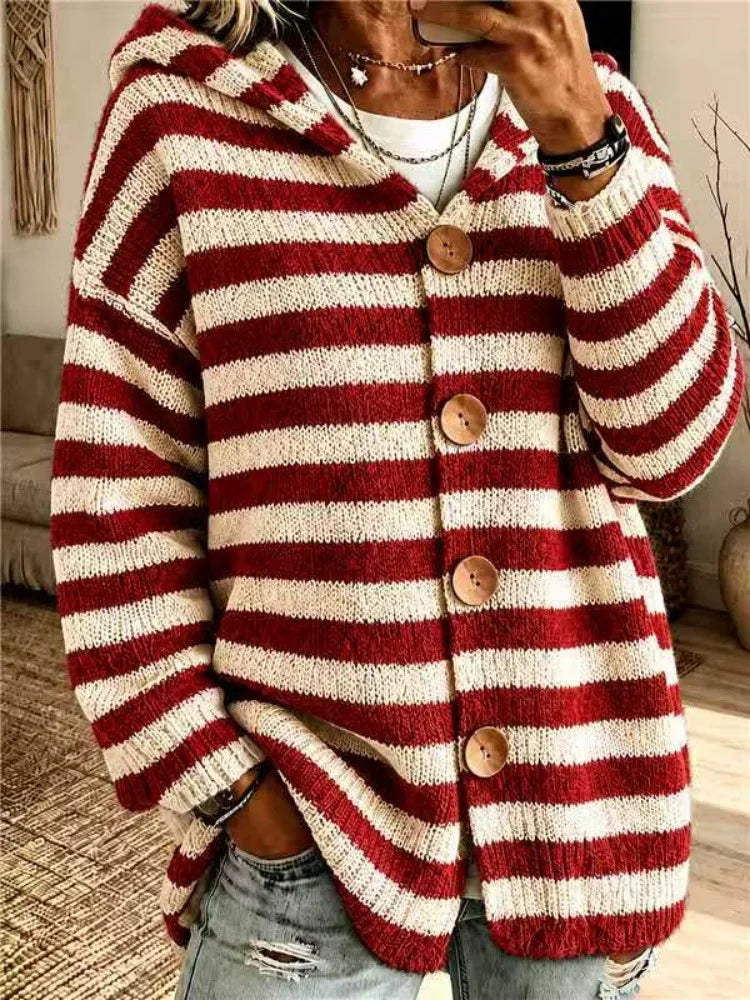Lacie | Women's Striped Hooded Knitted Cardigan Jacket  - Color:Red;Size:XS