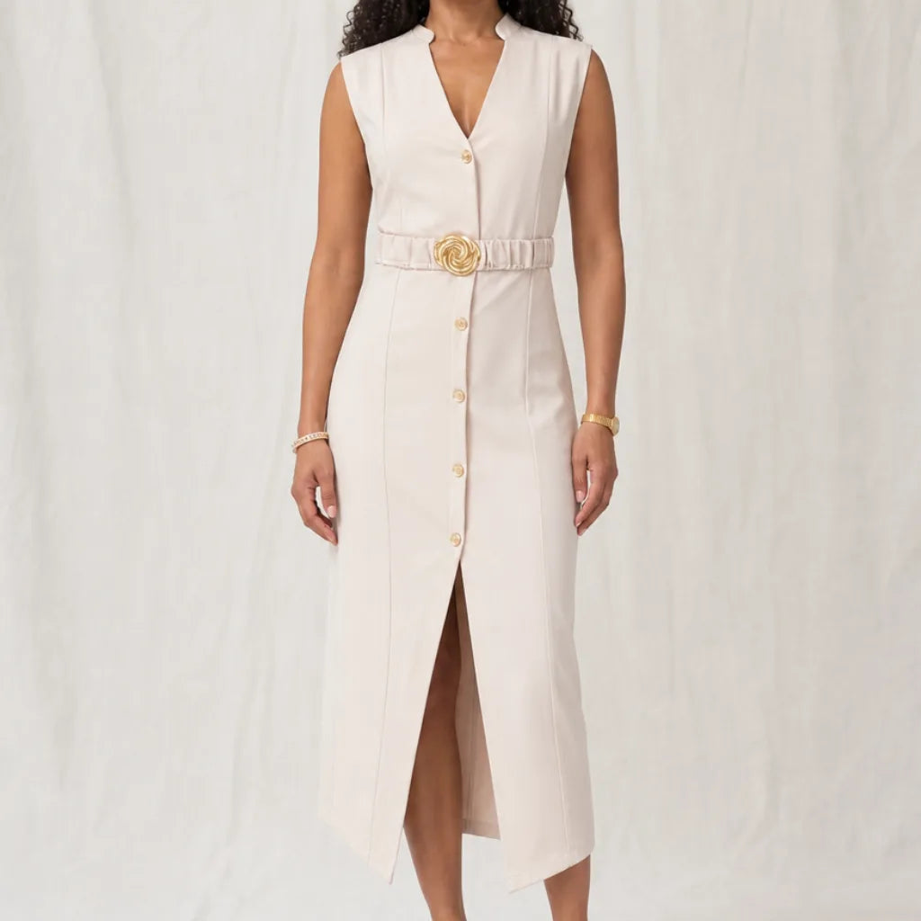 Langley Belted Midi Dress - Color:Beige;Size:XS