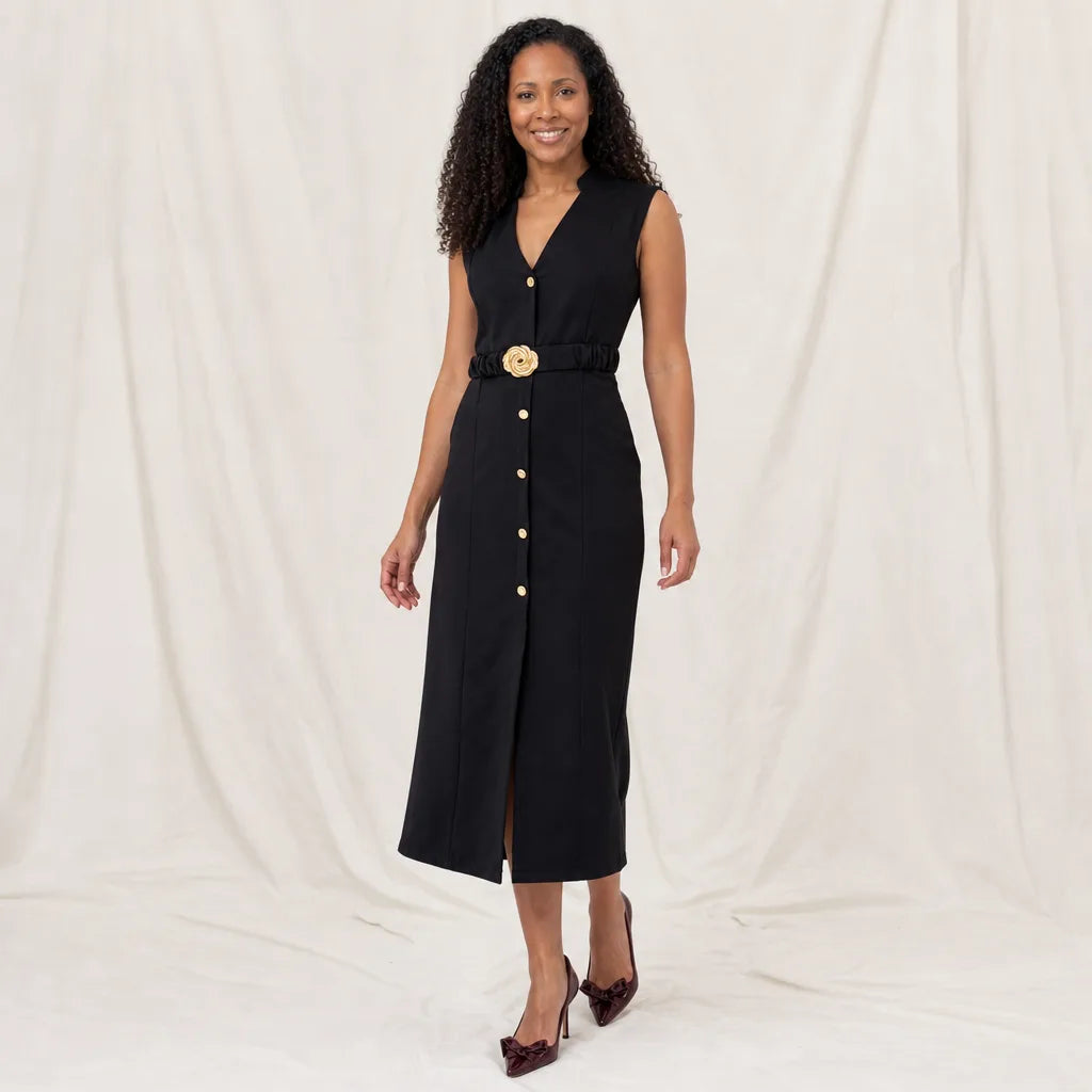 Women's Black Langley Belted Midi Dress