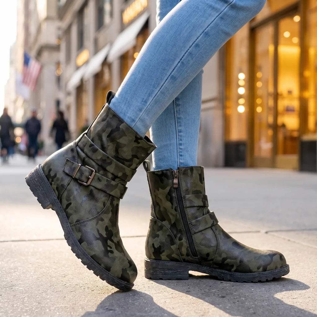Women's Green Herbert Buckle Combat Boots