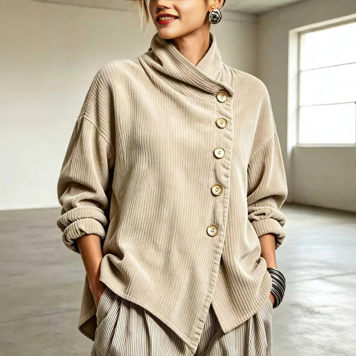 Lena | Women's Corduroy Cardigan Jacket - Color:Apricot;Size:XS