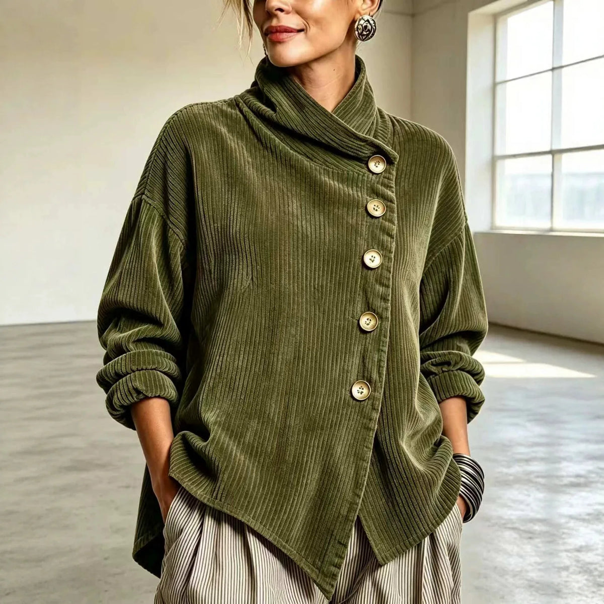 Lena | Women's Corduroy Cardigan Jacket - Color:Army Green;Size:XS