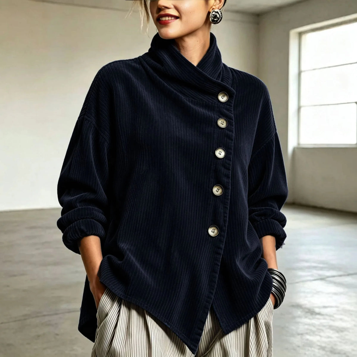 Lena | Women's Corduroy Cardigan Jacket - Color:Navy Blue;Size:XS
