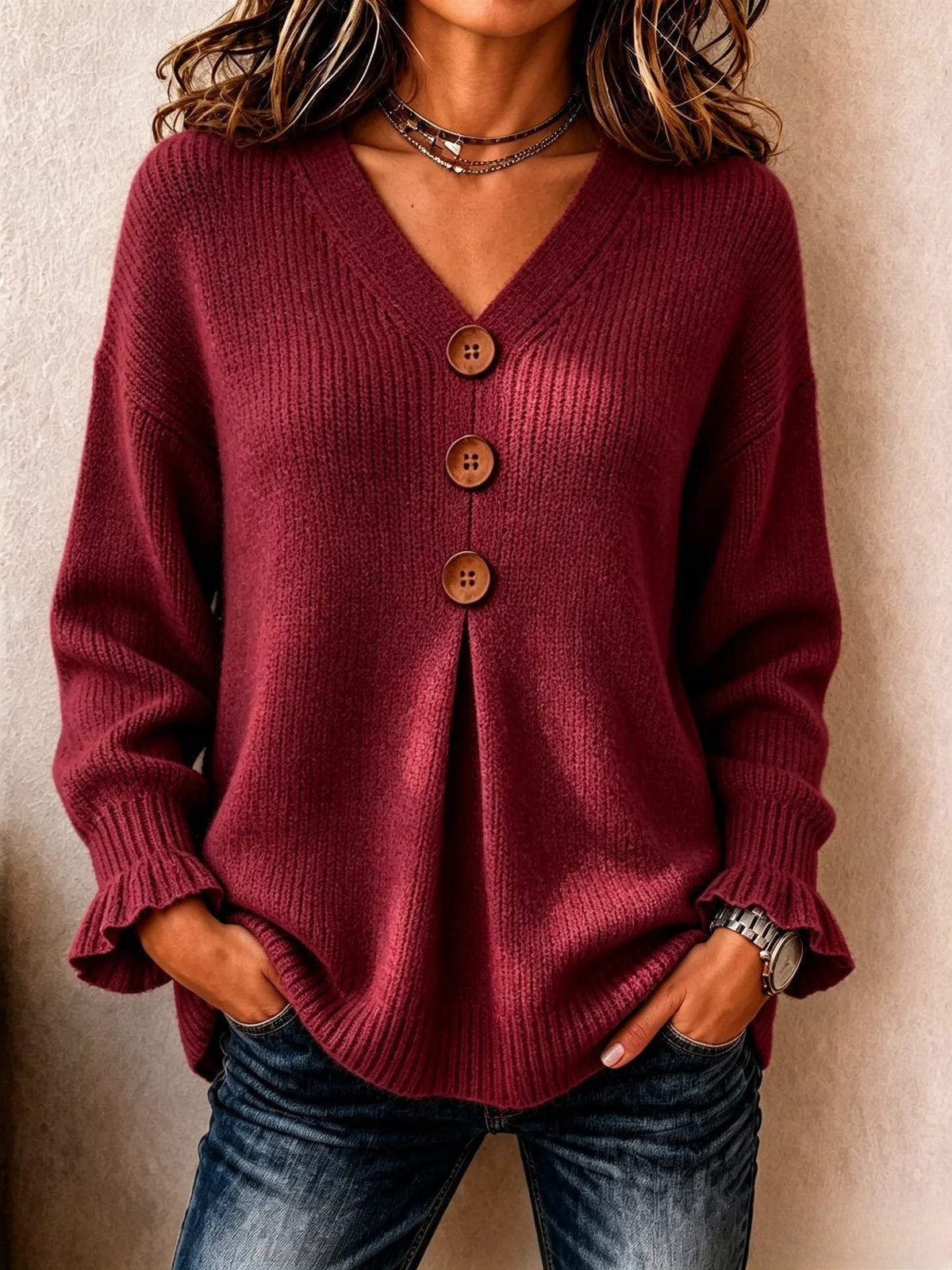 Lenny | Women's V Neck Knitted Jumper  - Size:XS;Color:Burgundy