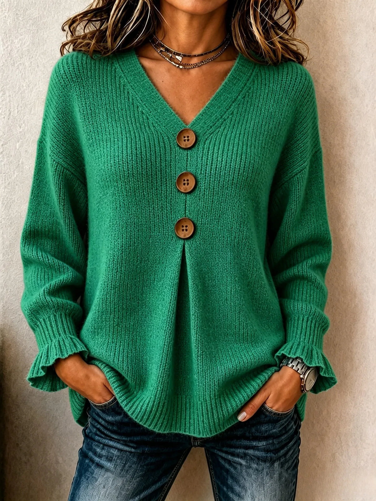 Lenny | Women's V Neck Knitted Jumper  - Size:XS;Color:Green