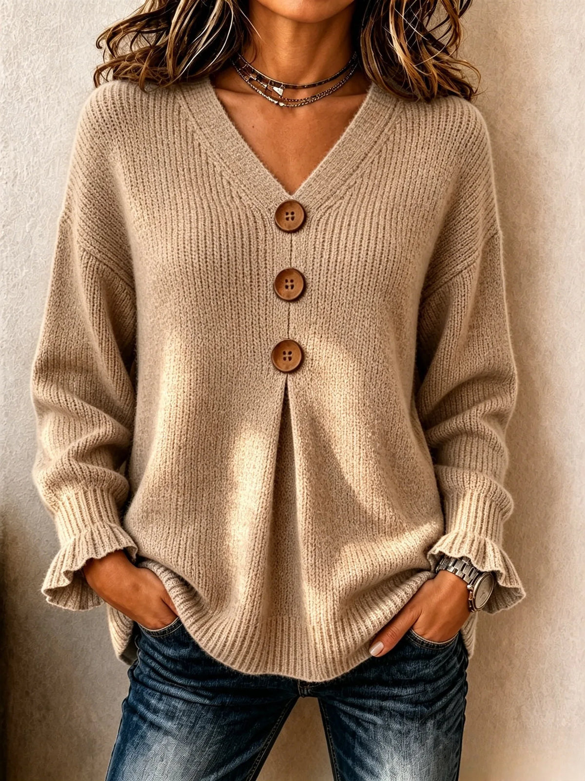 Lenny | Women's V Neck Knitted Jumper  - Size:XS;Color:Khaki