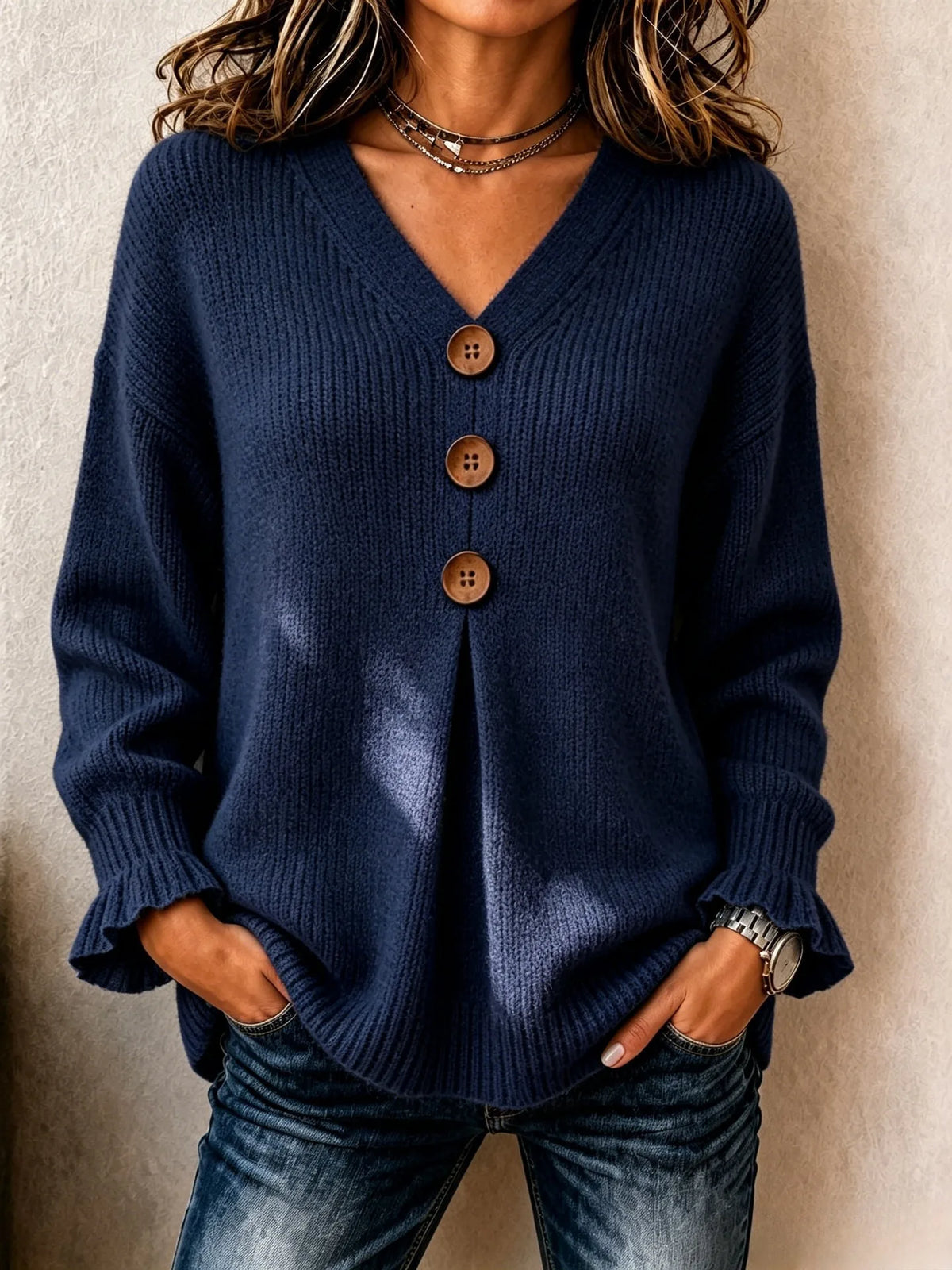 Lenny | Women's V Neck Knitted Jumper  - Size:XS;Color:Navy Blue
