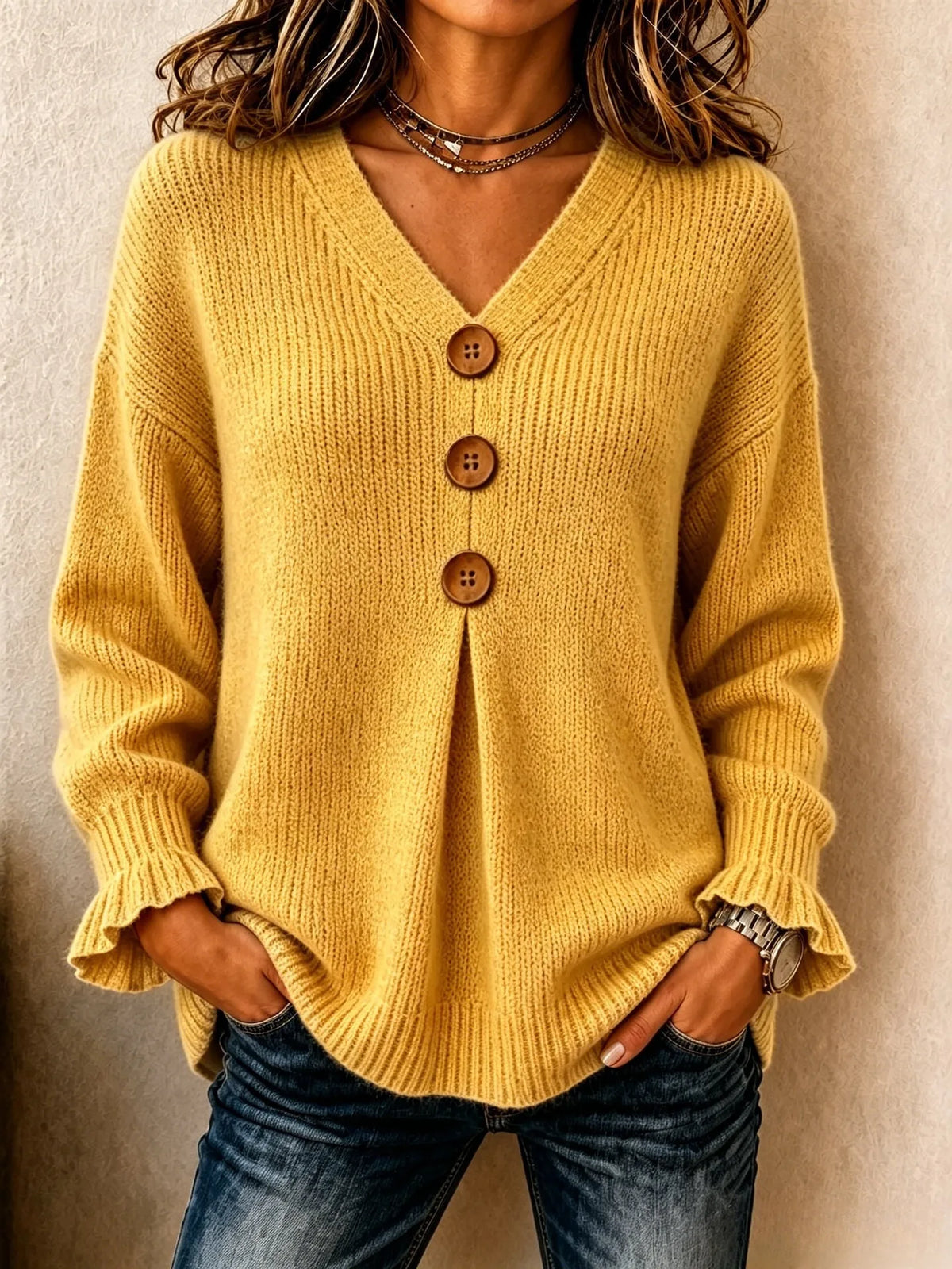 Lenny | Women's V Neck Knitted Jumper  - Size:XS;Color:Orange