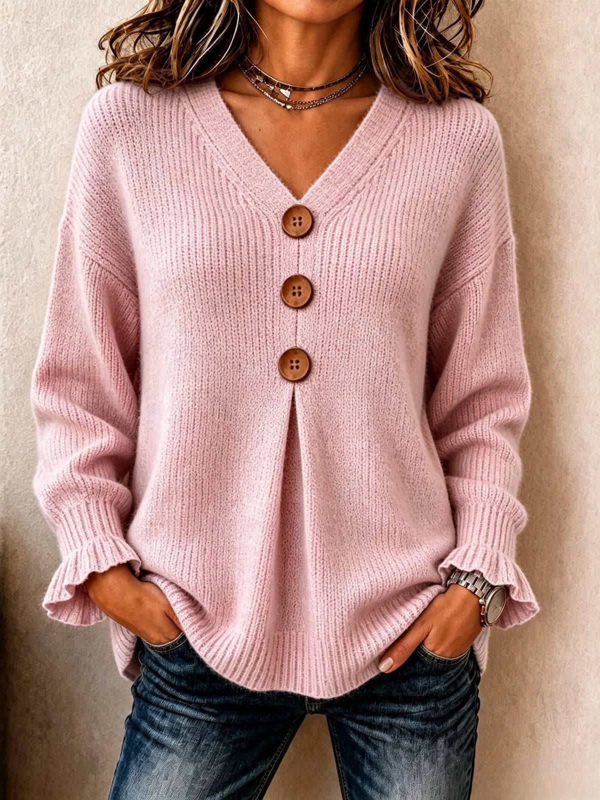 Lenny | Women's V Neck Knitted Jumper  - Size:XS;Color:Pink